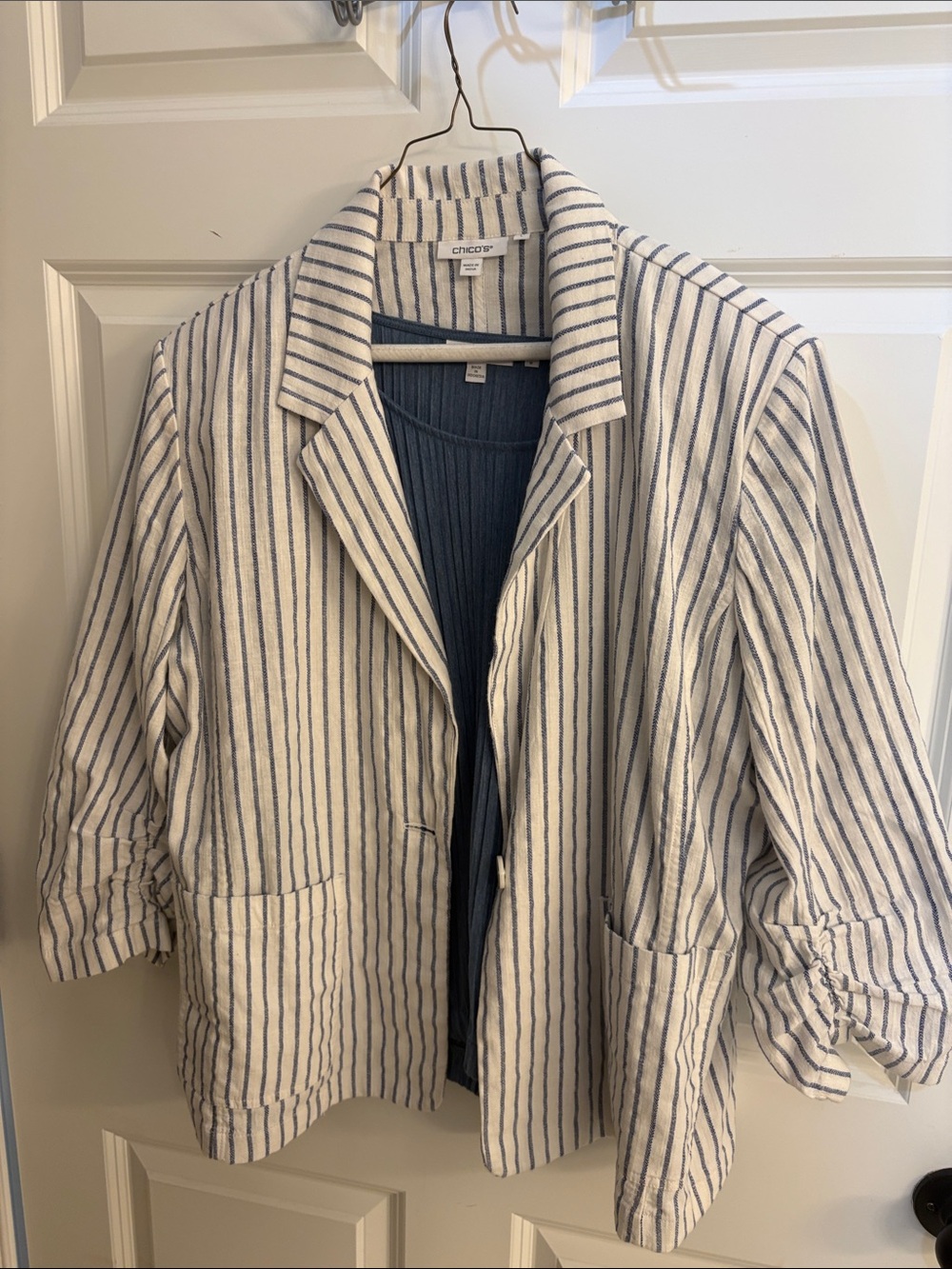 Chico's White and Blue Striped Lightweight Blazer